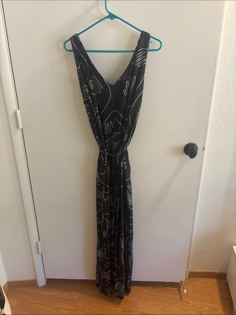 Elk Black Jumpsuit with White Abstract Handprint Print. Size 10